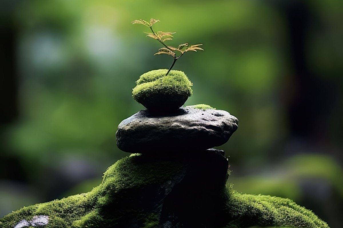 苔むした石と若葉